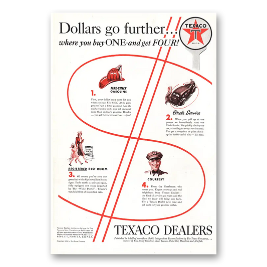 1939 Texaco Dollars Go Further Vintage Magazine Print Ad