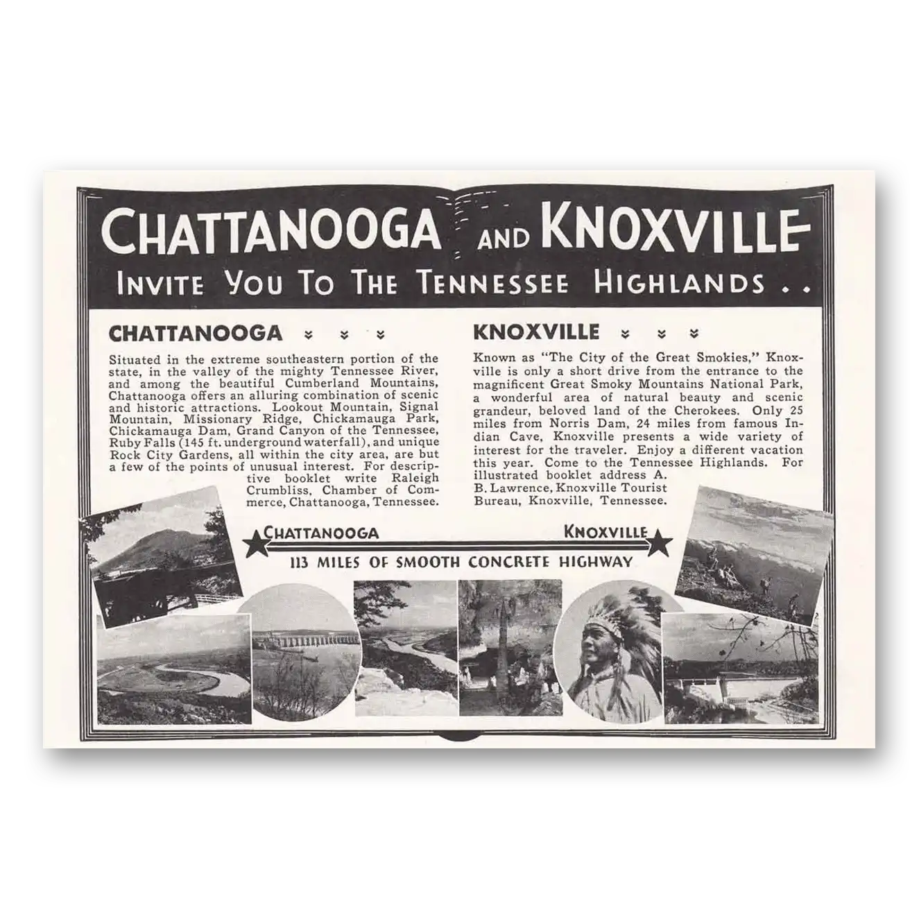 1939 Tennessee Highlands Chattanooga and Knoxville Invite You Vintage Magazine Print Ad