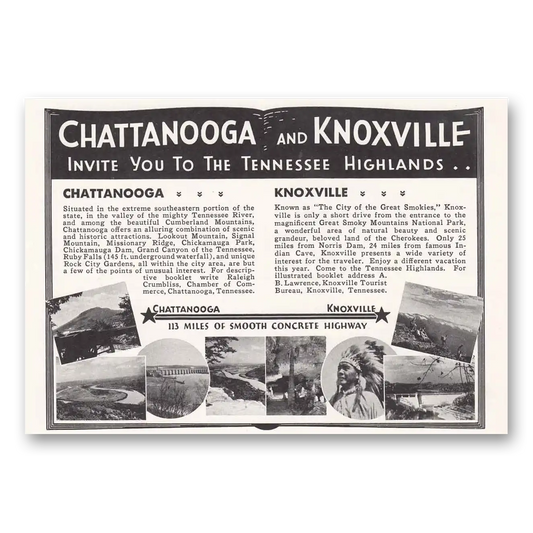 1939 Tennessee Highlands Chattanooga and Knoxville Invite You Vintage Magazine Print Ad