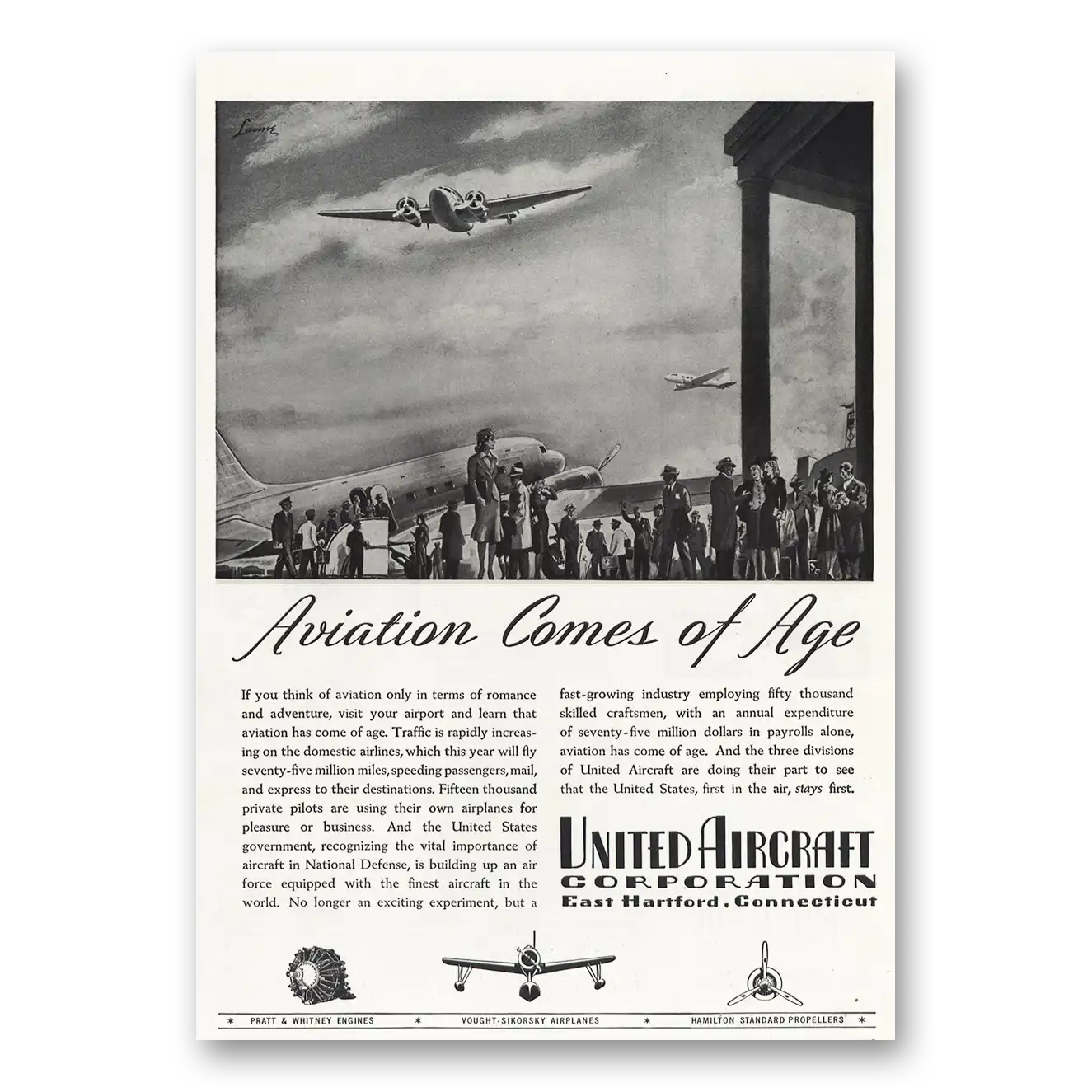 1939 United Aircraft Aviation Comes of Age Vintage Magazine Print Ad