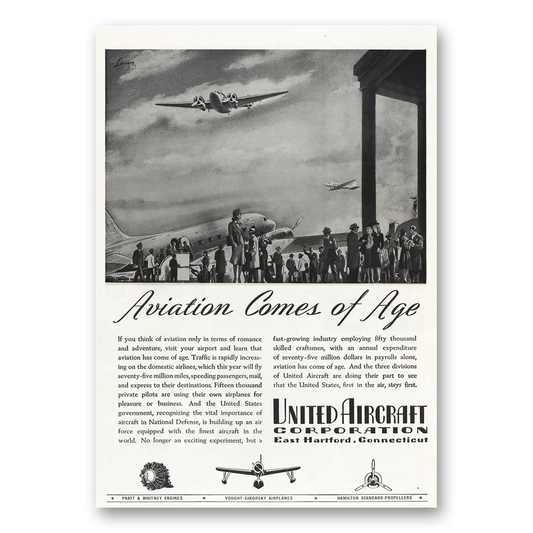 1939 United Aircraft Aviation Comes of Age Vintage Magazine Print Ad