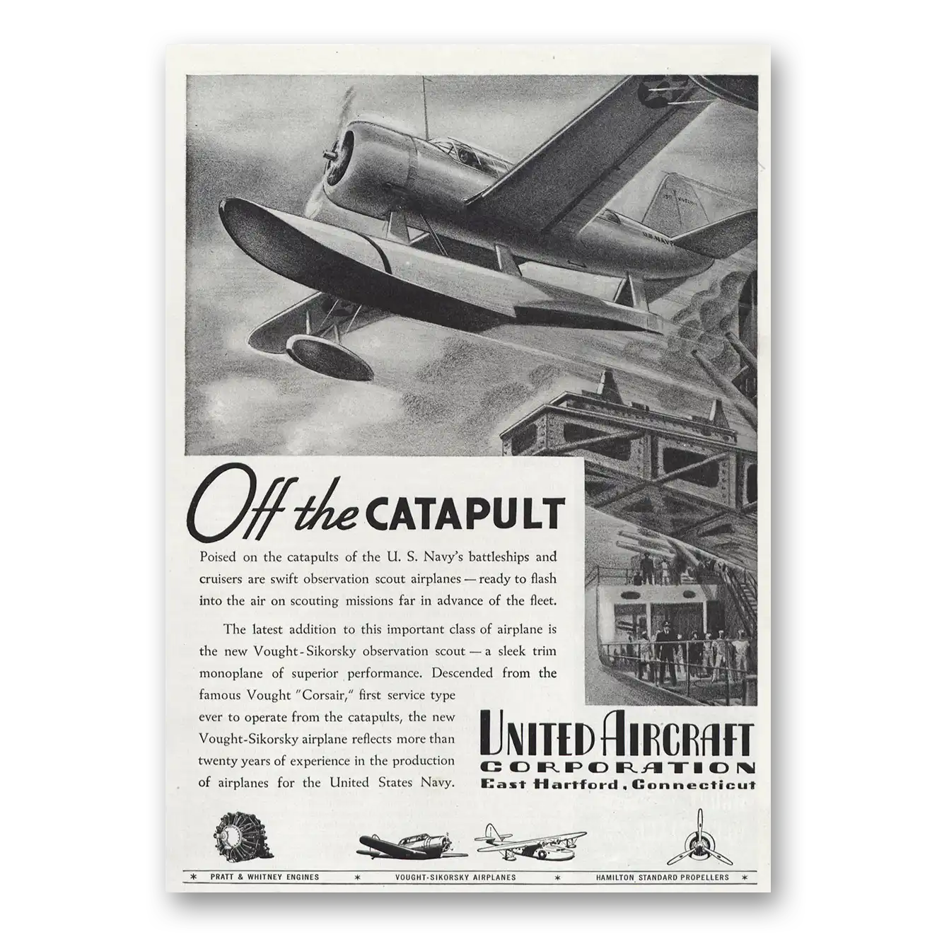 1939 United Aircraft Off the Catapult Vintage Magazine Print Ad