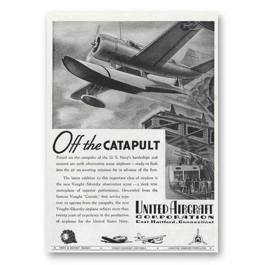 1939 United Aircraft Off the Catapult Vintage Magazine Print Ad