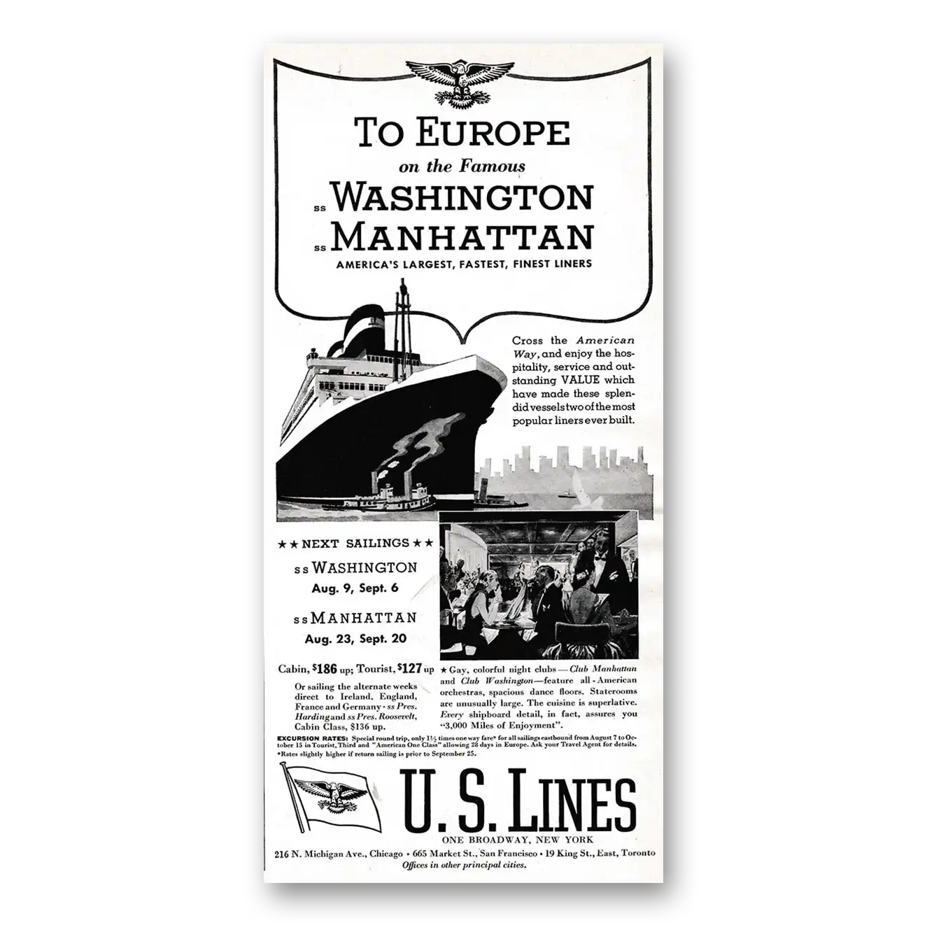 1939 United States Lines Washington Manhattan Vintage Magazine Print Ad