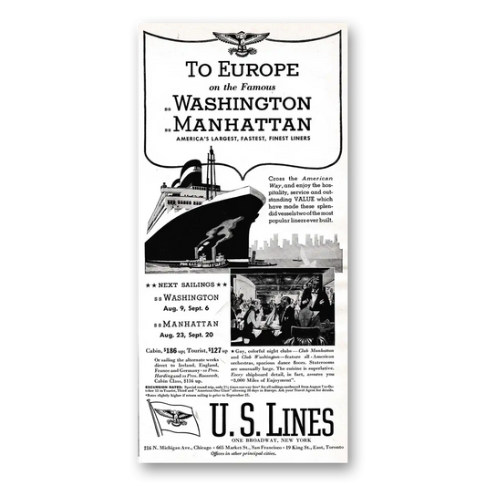 1939 United States Lines Washington Manhattan Vintage Magazine Print Ad