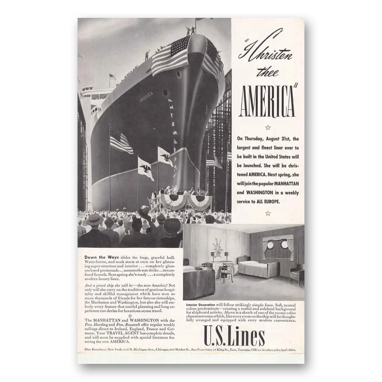 1939 United States Lines I Christen Thee America Vintage Magazine Print Ad