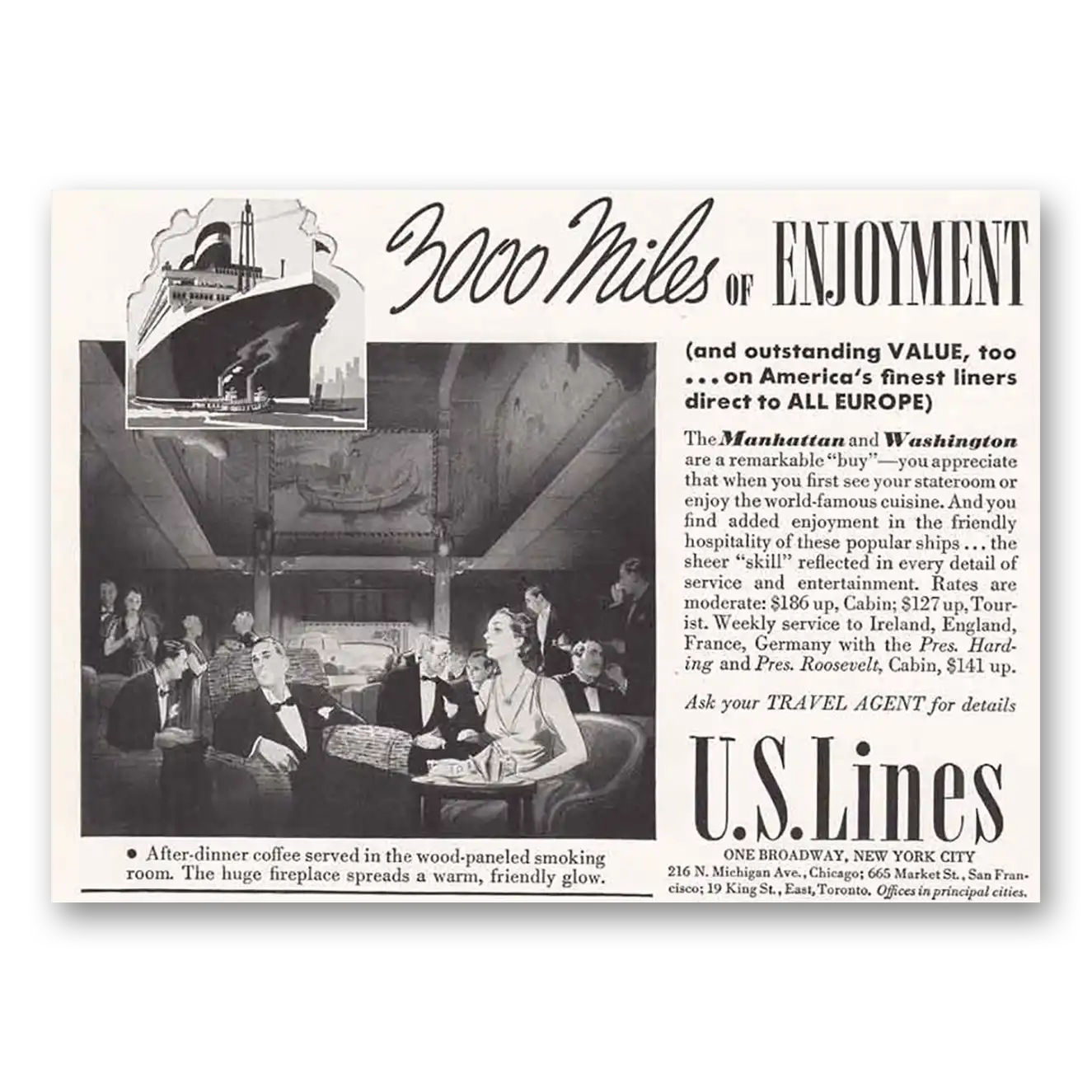 1939 United States Lines Miles of Enjoyment Manhattan Washington Vintage Magazine Print Ad