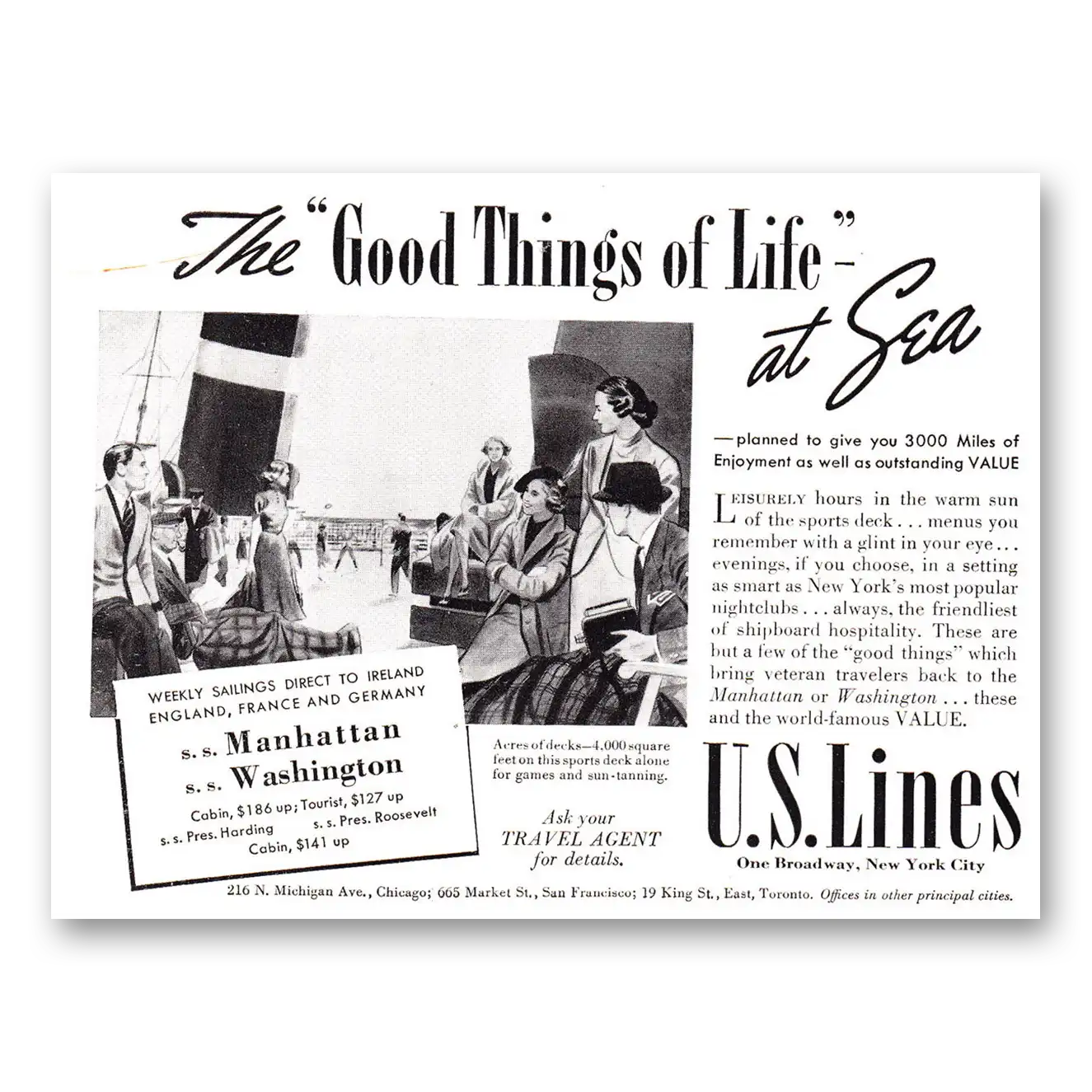 1939 United States Lines Good Things of Life at Sea Vintage Magazine Print Ad