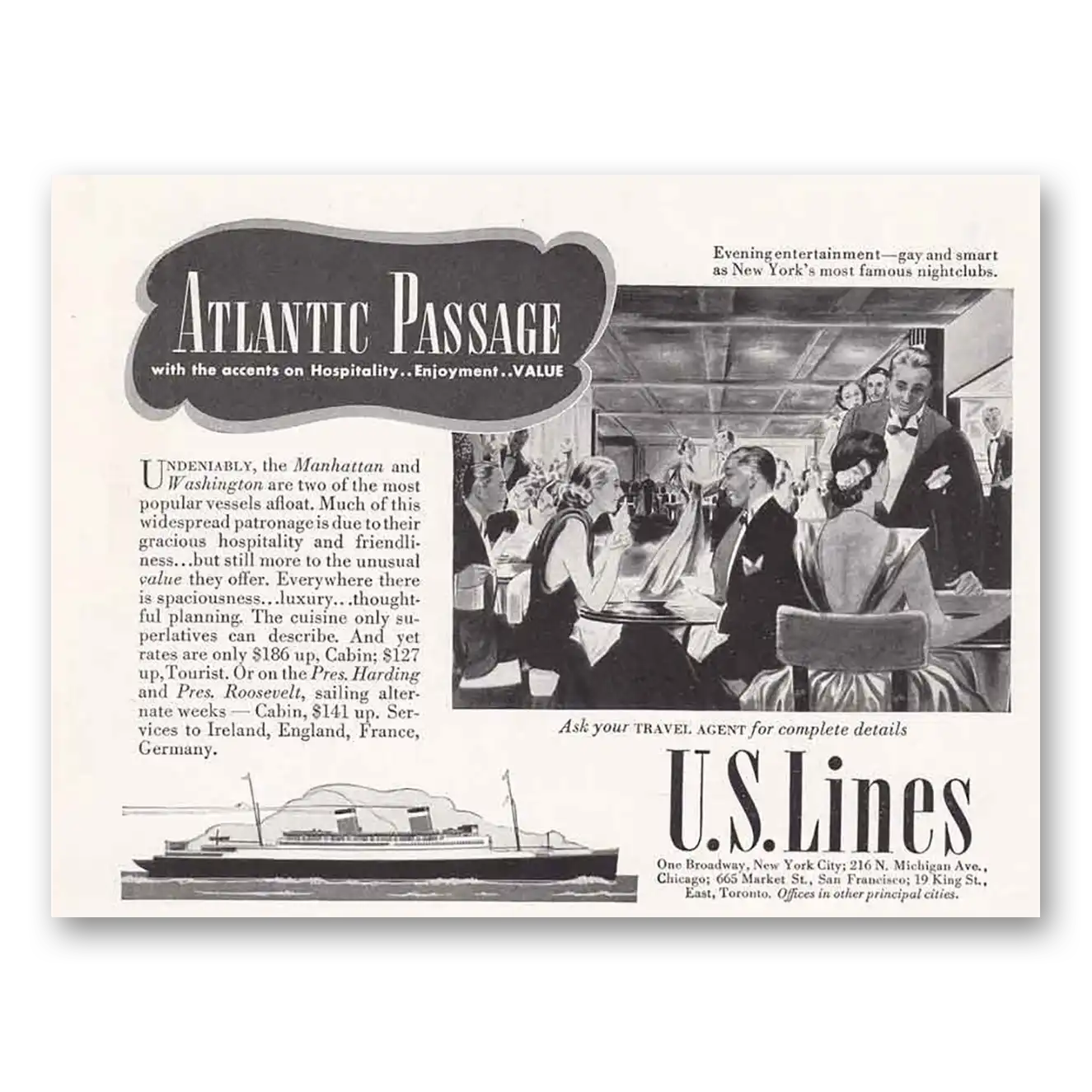 1939 United States Lines Atlantic Passage Manhattan Washington Vintage Magazine Print Ad