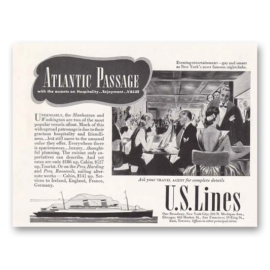 1939 United States Lines Atlantic Passage Manhattan Washington Vintage Magazine Print Ad