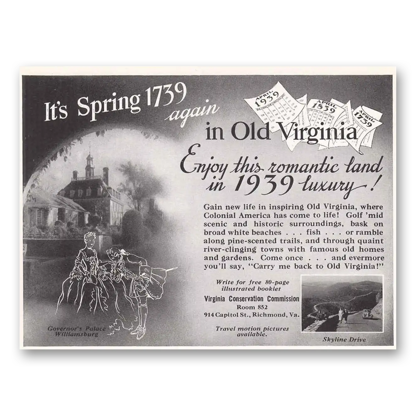 1939 Virginia Old Virginia Its Spring 1739 Again Vintage Magazine Print Ad