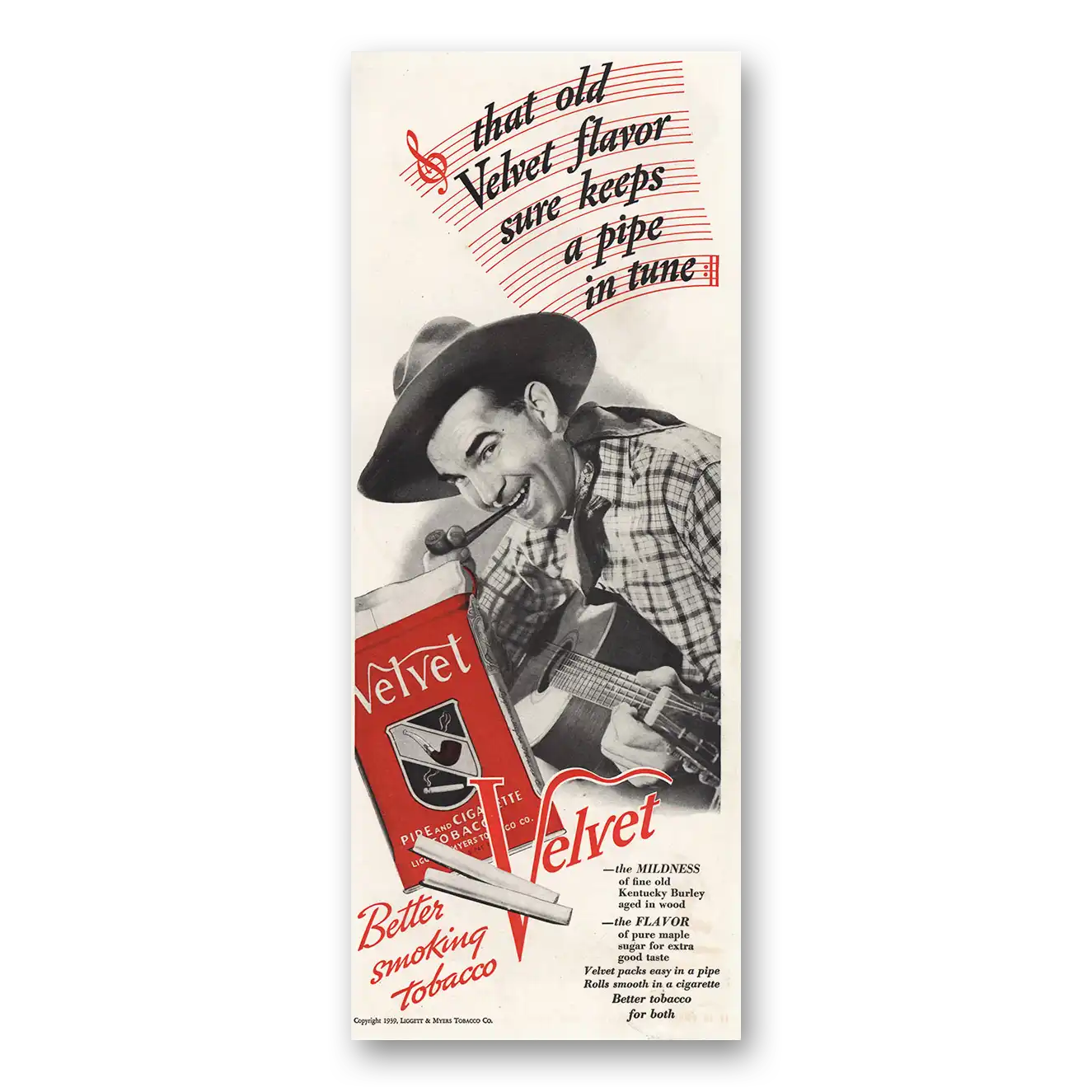 1939 Velvet Pipe and Cigarette Tobacco Keeps a Pipe In Tune Vintage Magazine Print Ad