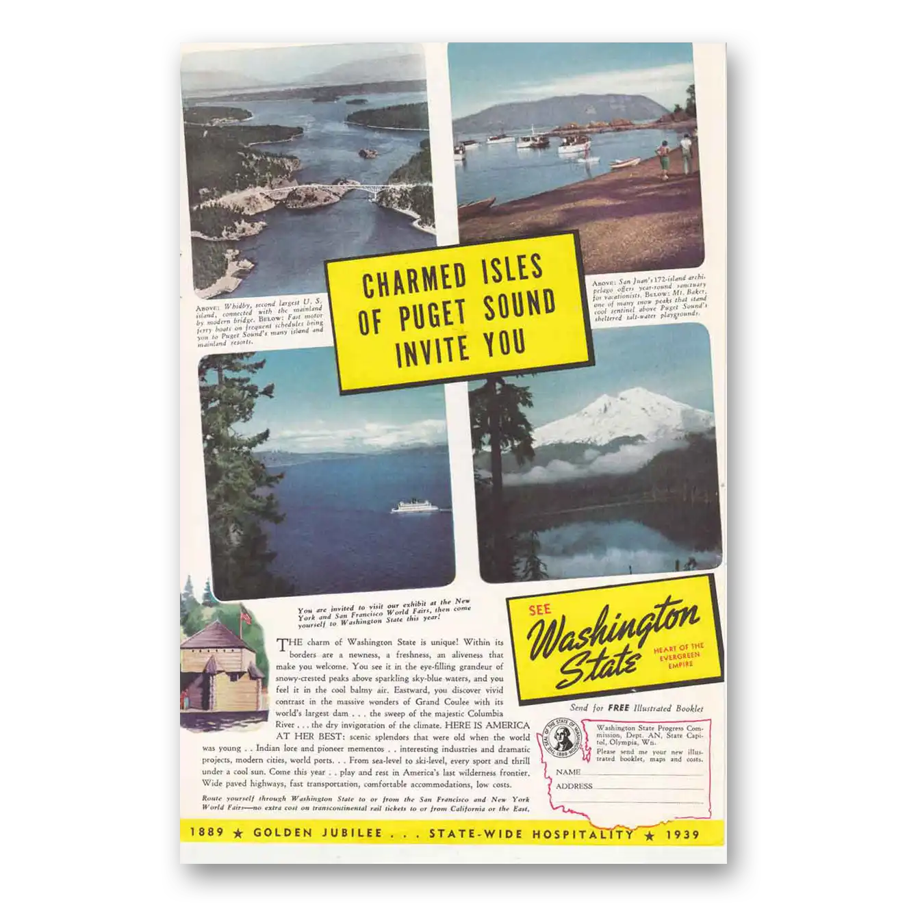 1939 Washington Charmed Isles of Puget Sound Vintage Magazine Print Ad