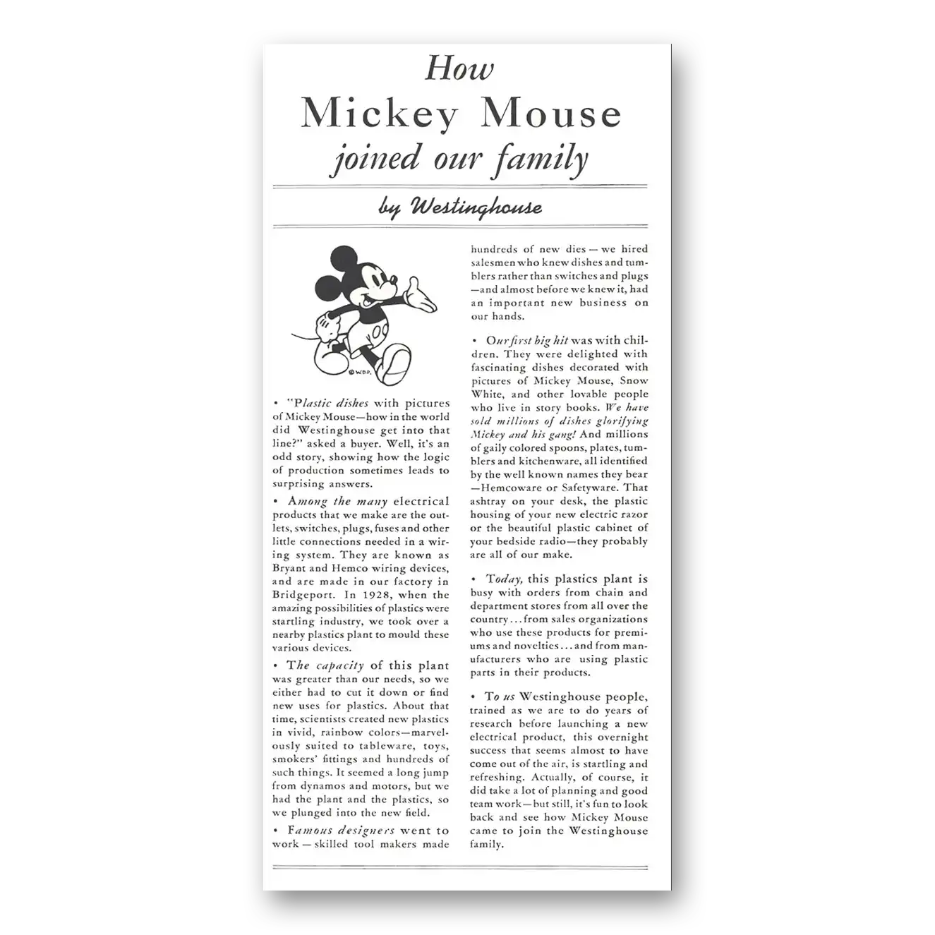 1939 Westinghouse Mickey Mouse Joined Our Family Vintage Magazine Print Ad