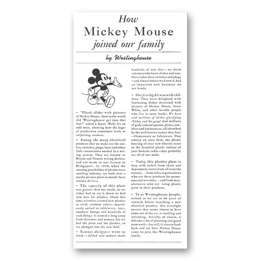 1939 Westinghouse Mickey Mouse Joined Our Family Vintage Magazine Print Ad