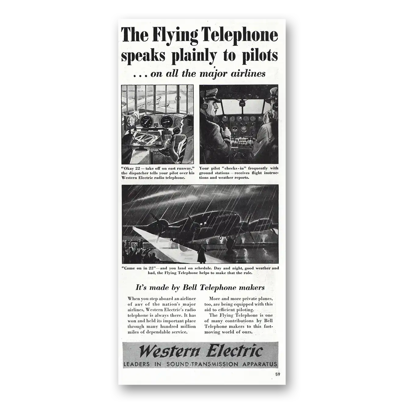 1939 Western Electric Flying Telephone Speaks Plainly Pilots Vintage Magazine Print Ad