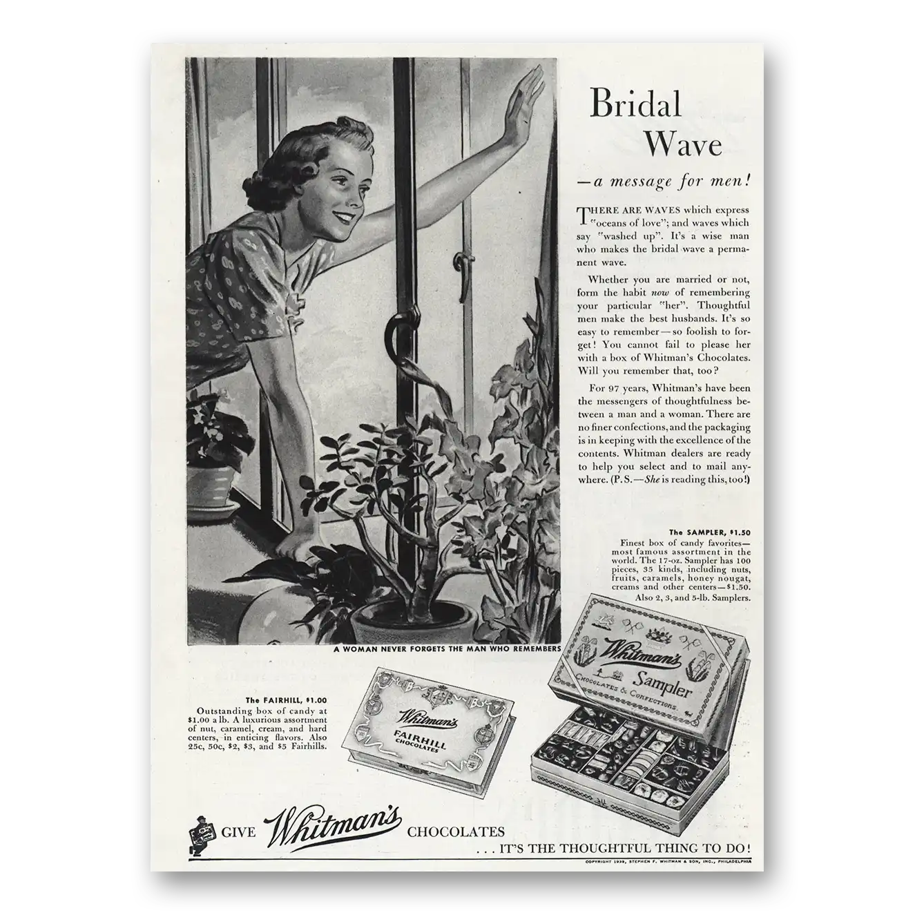 1939 Whitmans Chocolates Bridal Wave Vintage Magazine Print Ad