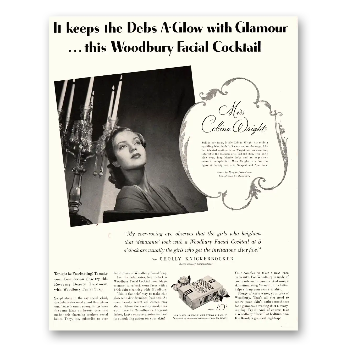 1939 Woodbury Facial Soap Cocktail Miss Cobina Wright Vintage Magazine Print Ad