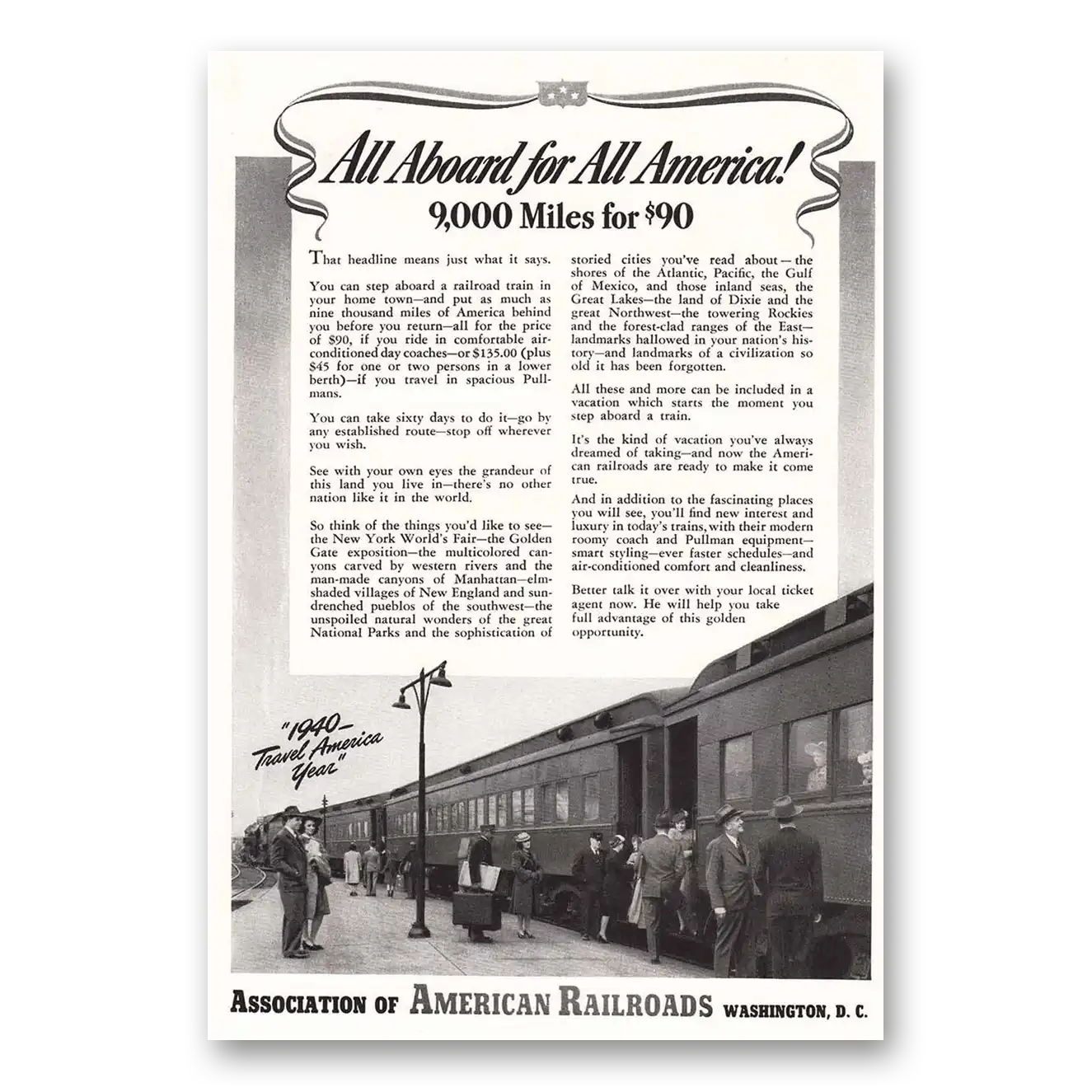 1940 Association of American Railroads All Aboard for All America Vintage Magazine Print Ad