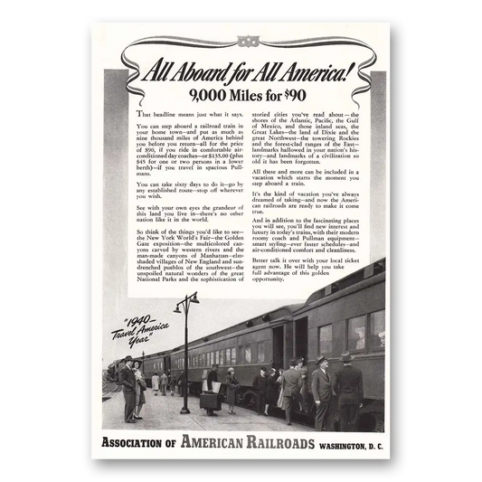 1940 Association of American Railroads All Aboard for All America Vintage Magazine Print Ad