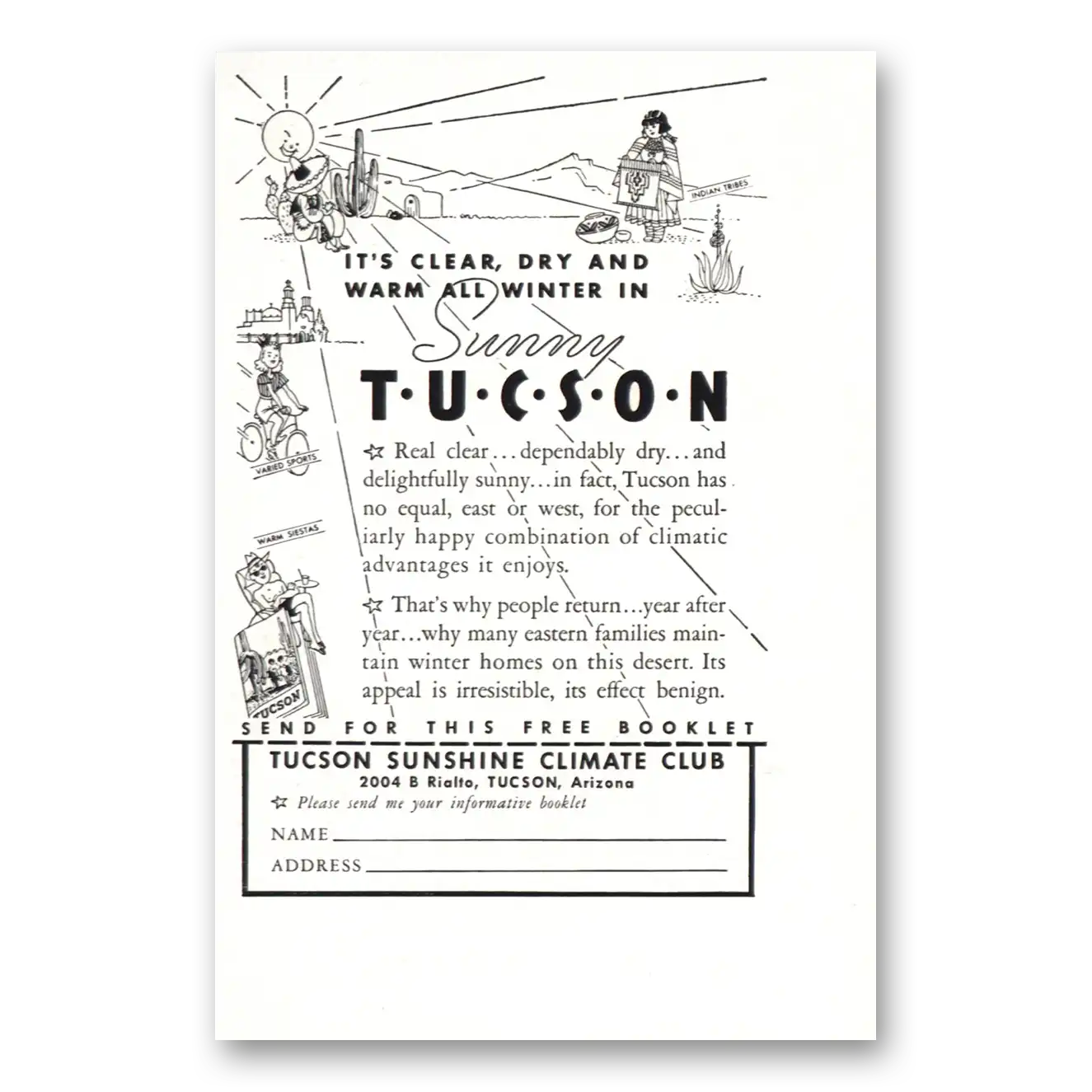 1940 Tucson Arizona Clear Dry and Warm All Winter Vintage Magazine Print Ad