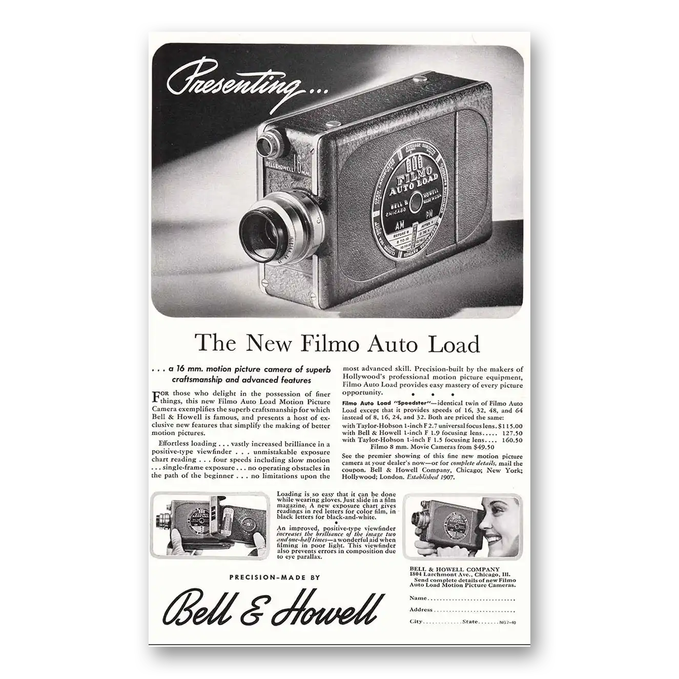 1940 Filmo Camera New Filmo Auto Load Vintage Magazine Print Ad