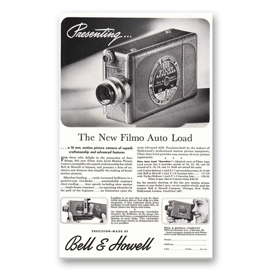 1940 Filmo Camera New Filmo Auto Load Vintage Magazine Print Ad