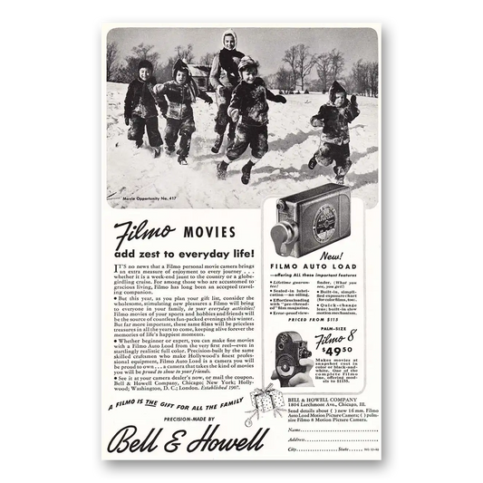 1940 Filmo Camera Movies Add Zest to Everyday Life Vintage Magazine Print Ad