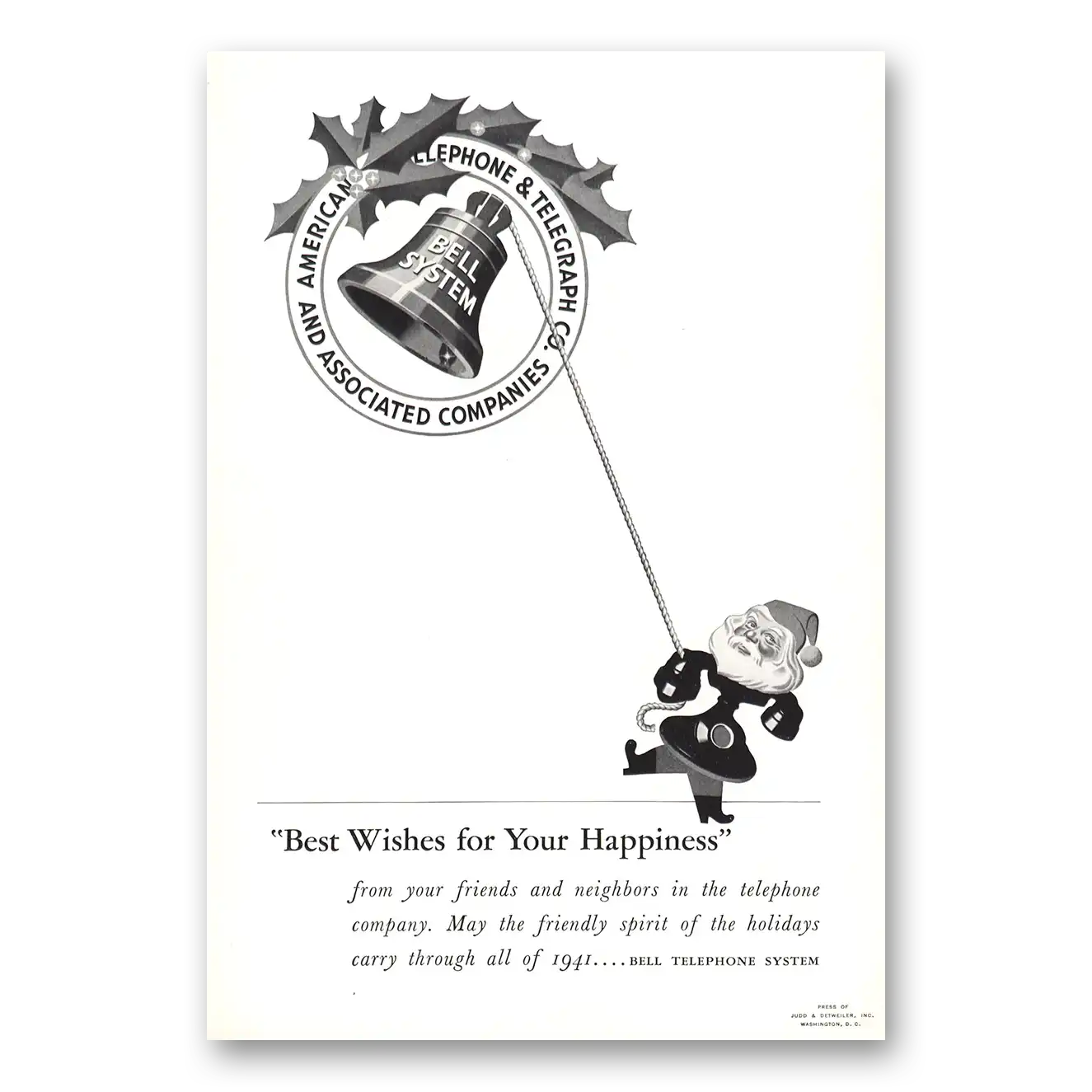 1940 Bell Telephone Best Wishes Santa Vintage Magazine Print Ad