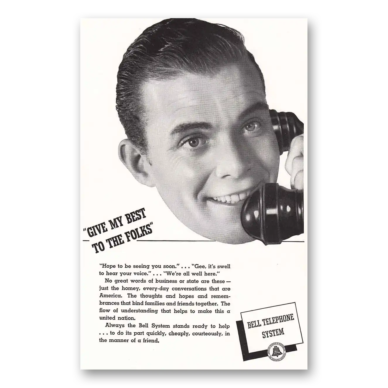 1940 Bell Telephone Give My Best Vintage Magazine Print Ad