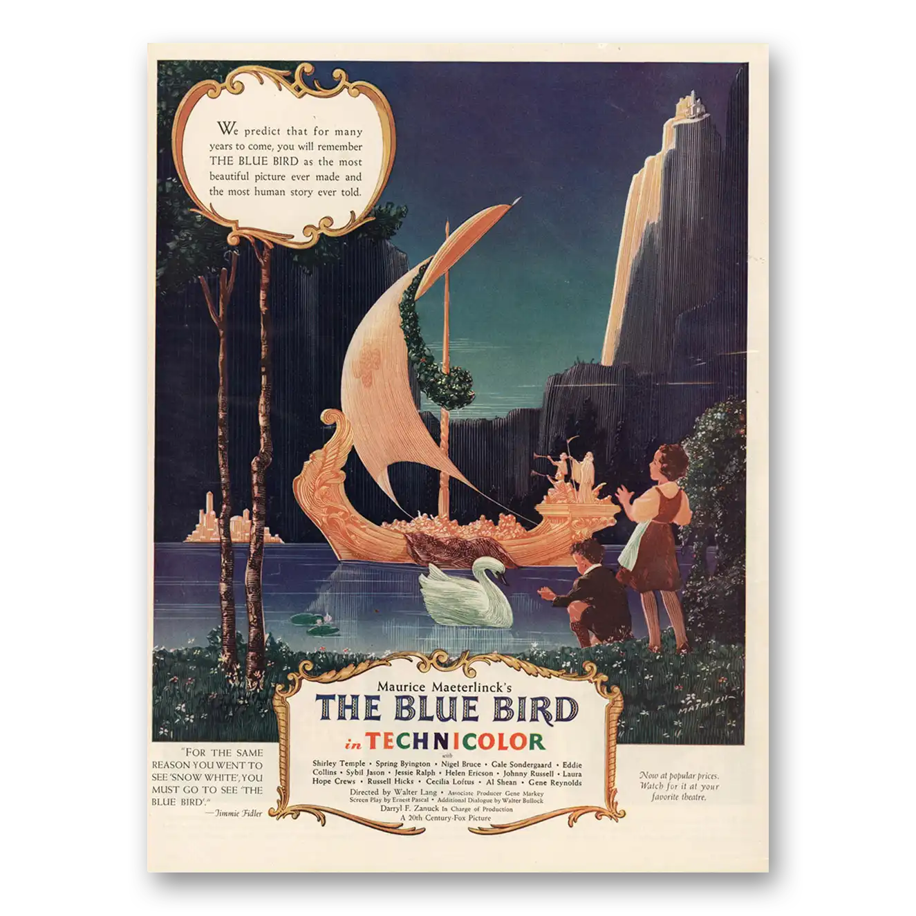 1940 The Blue Bird Promo Maurice Maeterlinck and Shirley Temple Vintage Magazine Print Ad