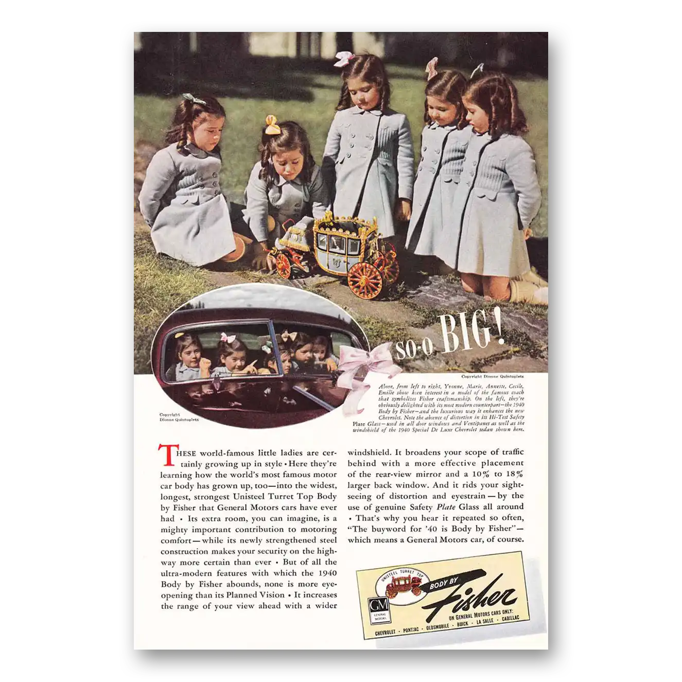 1940 Body by Fisher Dionne Quintuplets Vintage Magazine Print Ad