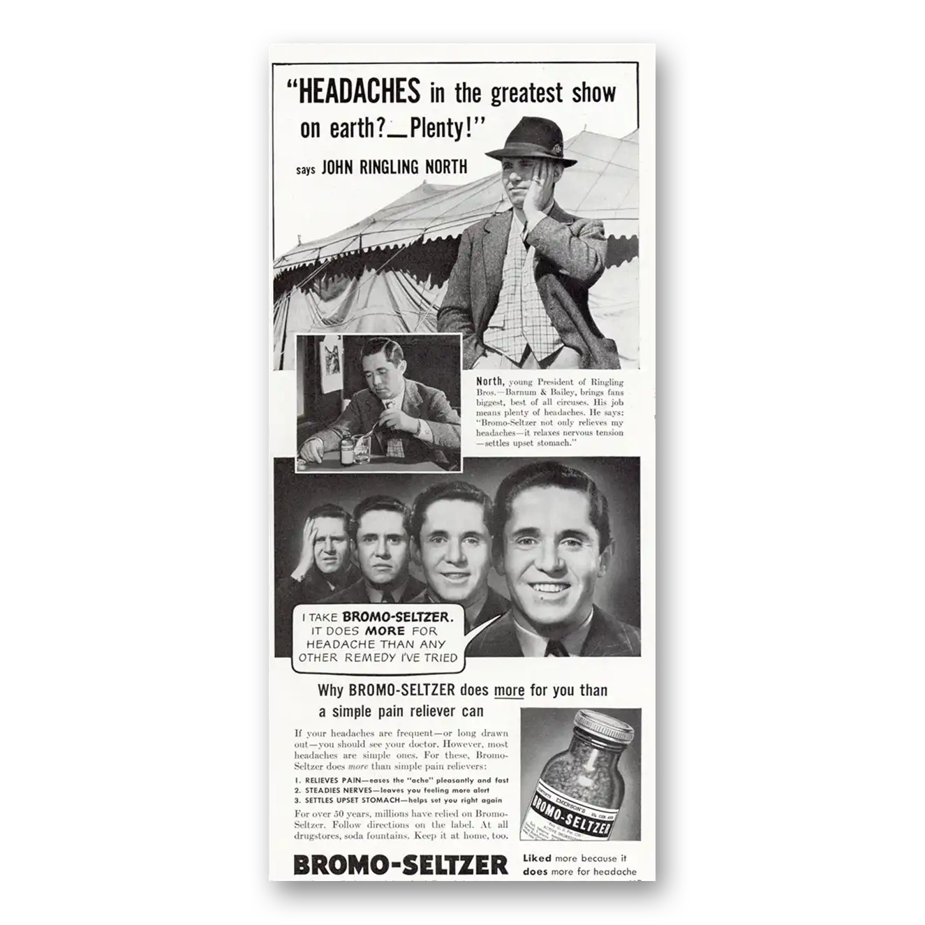 1940 Bromo Seltzer Headaches in Greatest Show on Earth Vintage Magazine Print Ad