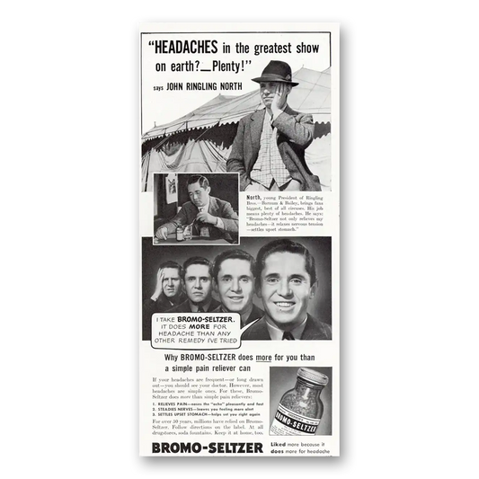 1940 Bromo Seltzer Headaches in Greatest Show on Earth Vintage Magazine Print Ad