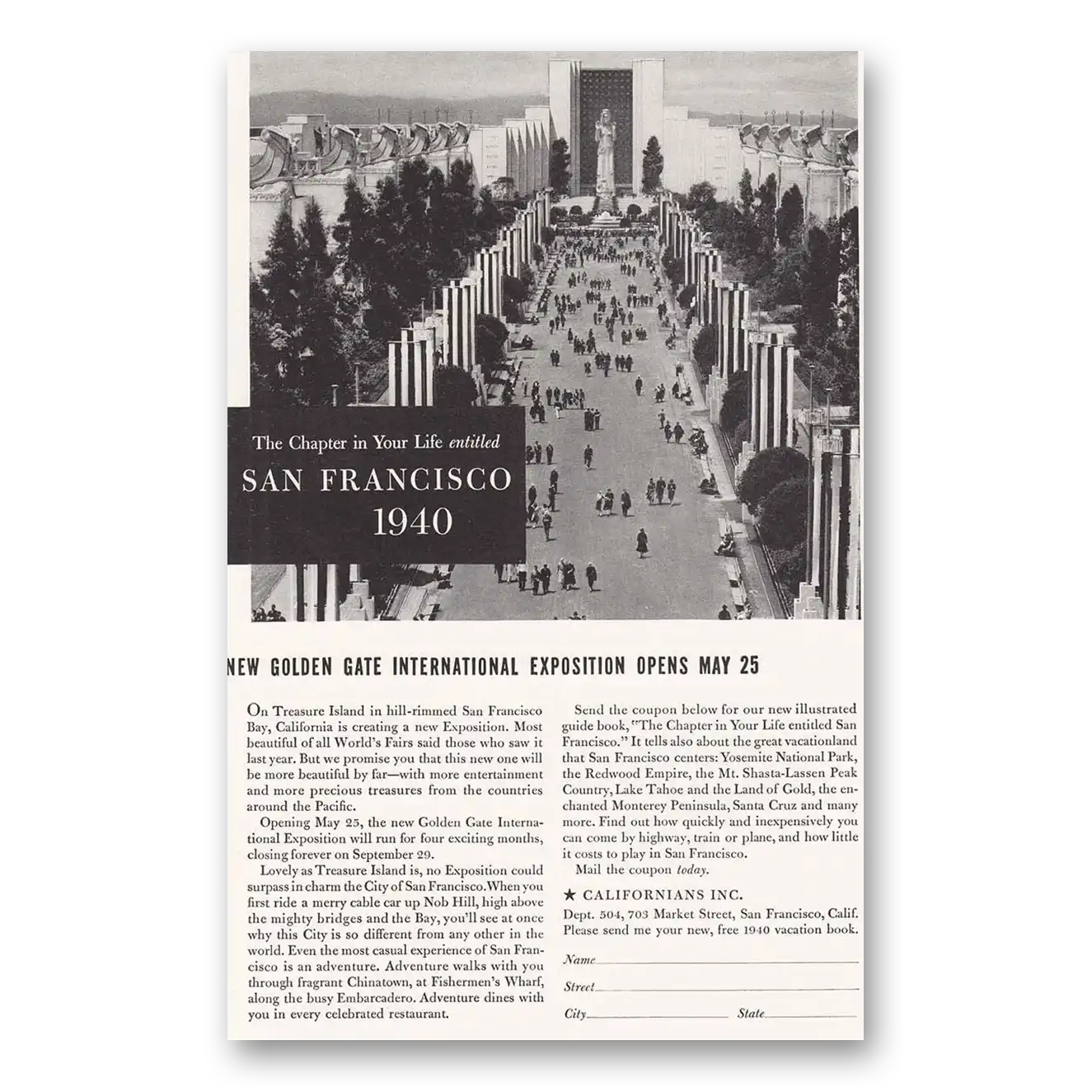 1940 San Francisco California Golden Gate International Exposition Vintage Magazine Print Ad