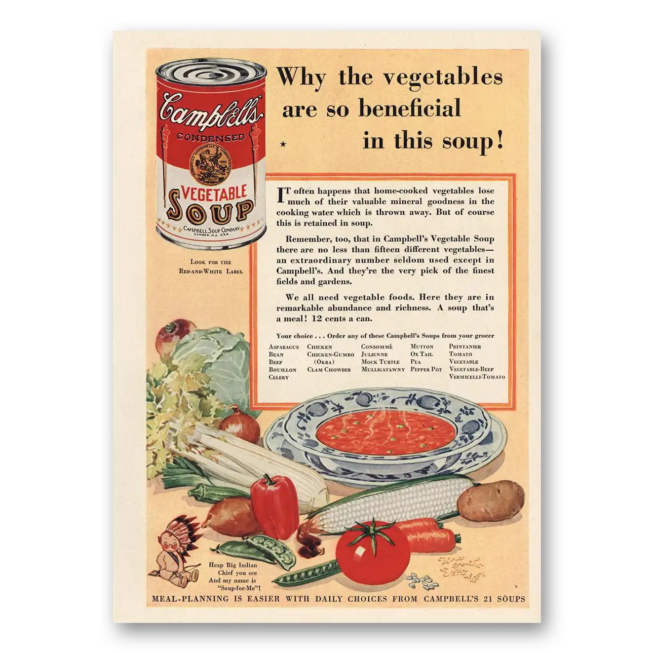 1930 Campbells Vegetable Soup Vegetables Are So Beneficial Vintage Magazine Print Ad