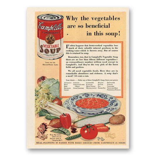 1930 Campbells Vegetable Soup Vegetables Are So Beneficial Vintage Magazine Print Ad