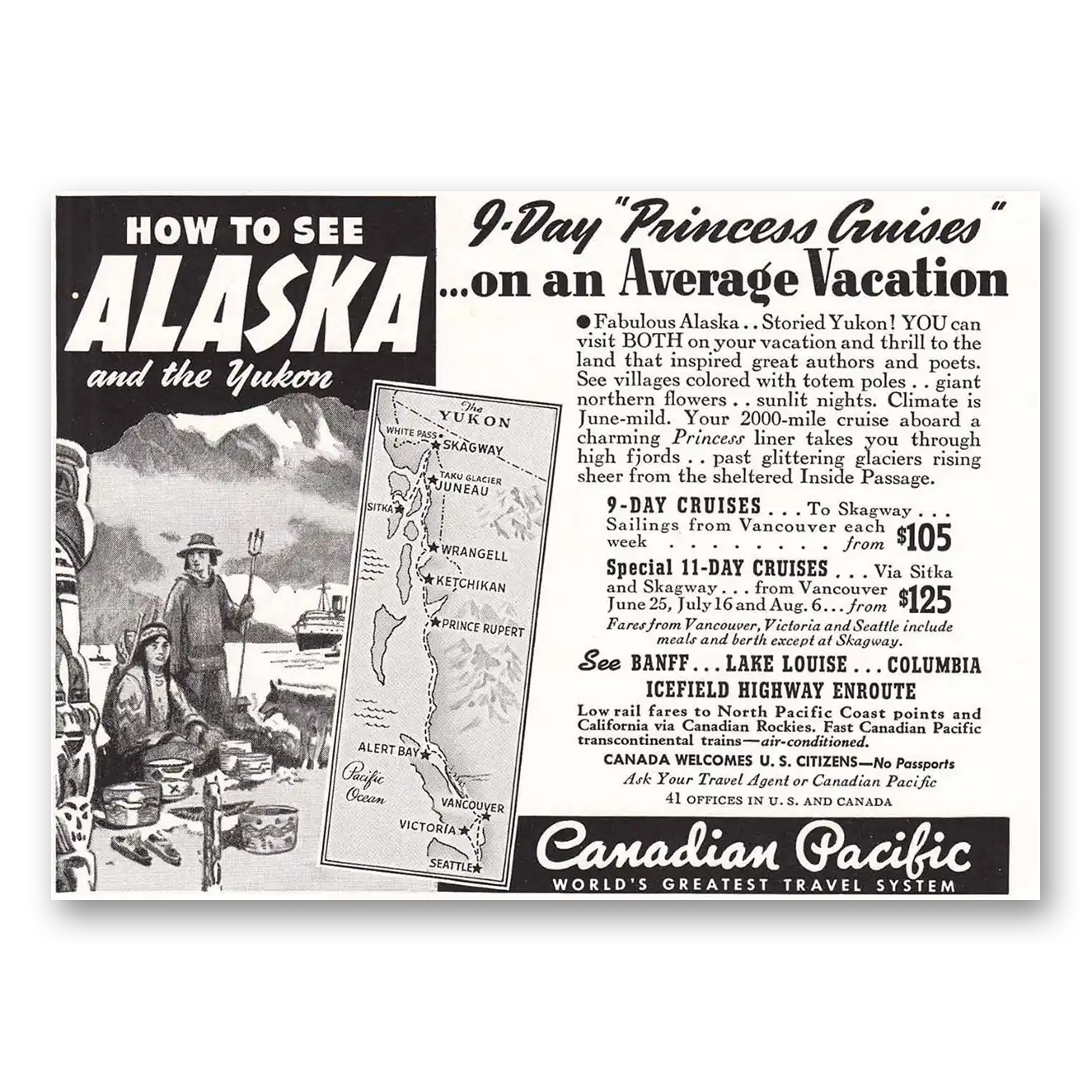 1940 Canadian Pacific Alaska and the Yukon Princess Vintage Magazine Print Ad