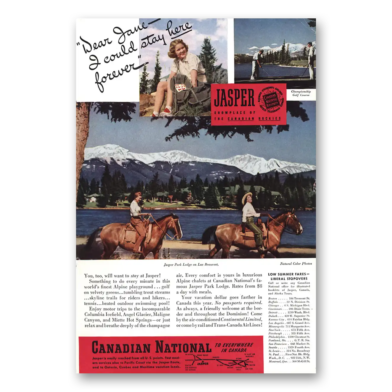 1940 Canadian National Railways Dear Jane I Could Stay Here Forever Jasper Vintage Magazine Print Ad