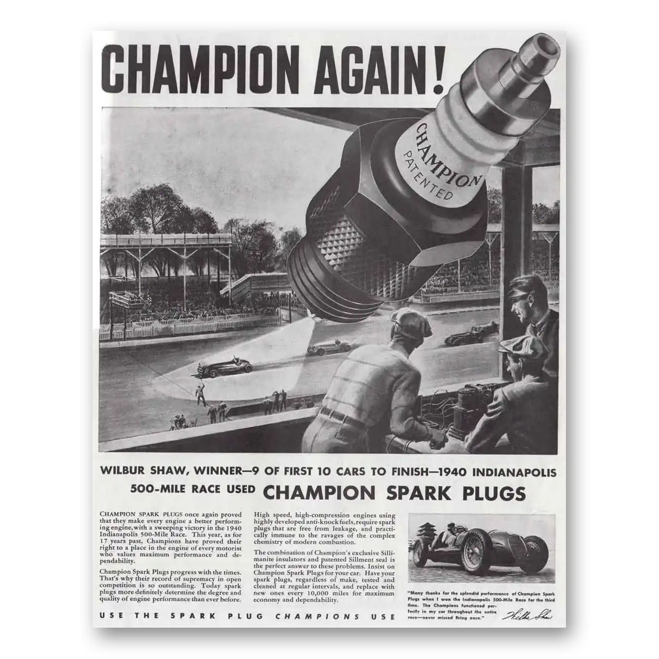 1940 Champion Spark Plugs Wilbur Shaw Indianapolis 500 Vintage Magazine Print Ad