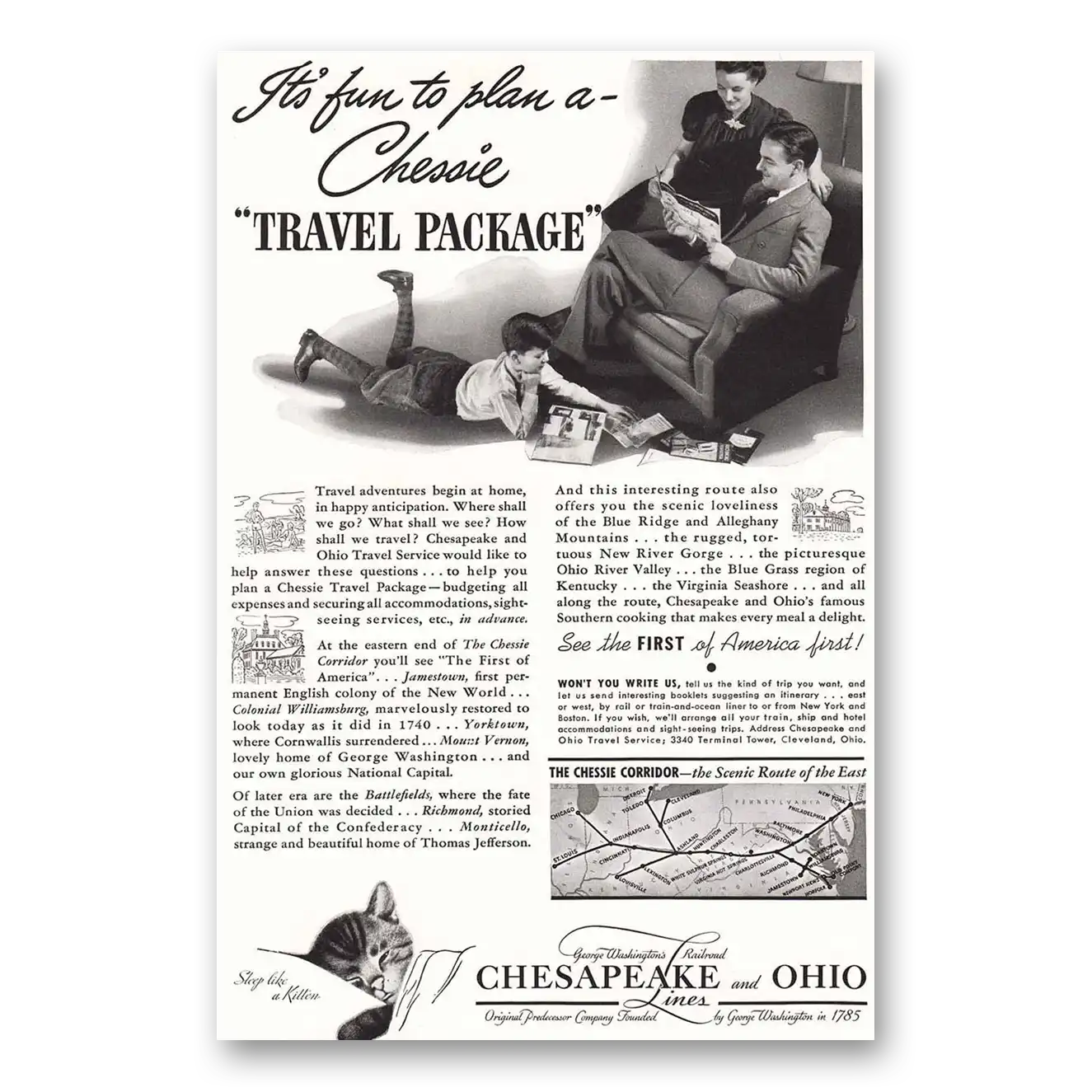 1940 Chesapeake and Ohio Lines Chessie Travel Package Vintage Magazine Print Ad