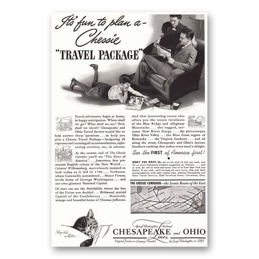 1940 Chesapeake and Ohio Lines Chessie Travel Package Vintage Magazine Print Ad