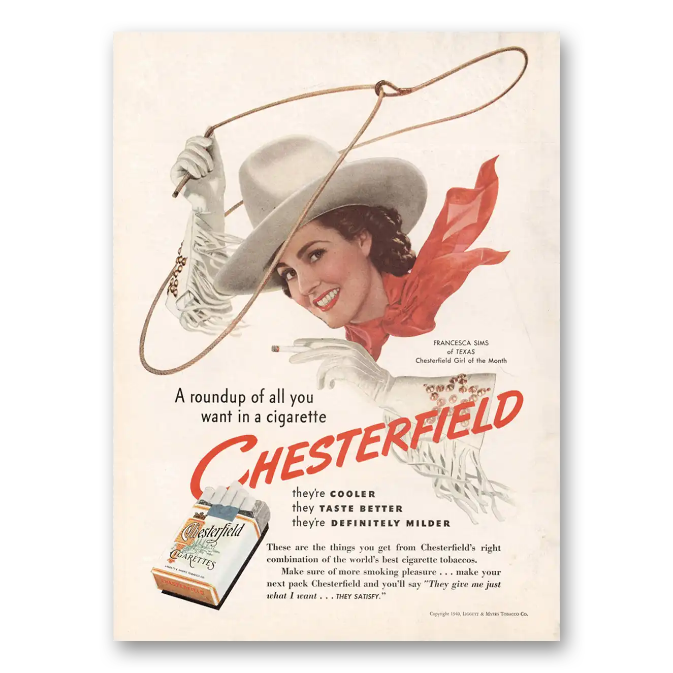 1940 Chesterfield Cigarettes Roundup of All You Want Vintage Magazine Print Ad