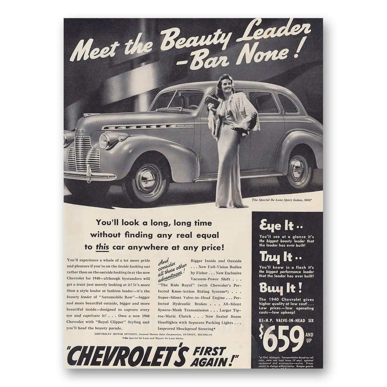 1939 Chevrolet Special De Luxe Meet the Beauty Leader Bar None Vintage Magazine Print Ad