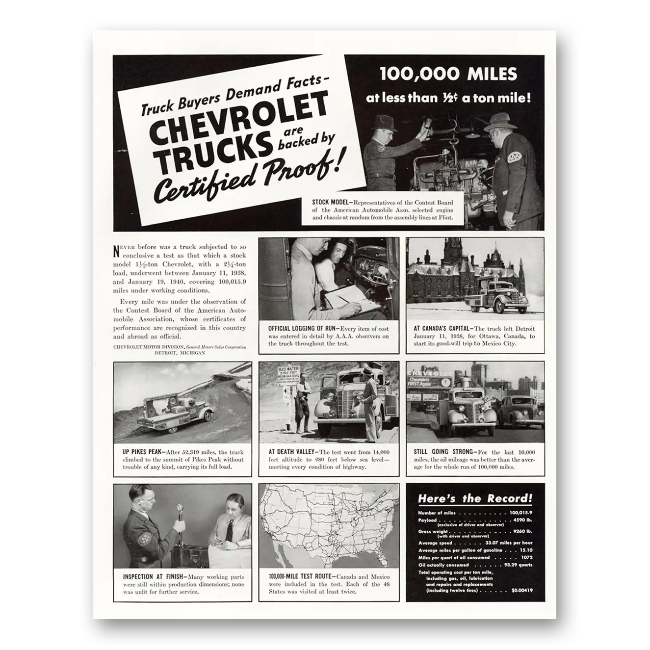 1940 Chevrolet Pickup Trucks 100000 Miles Vintage Magazine Print Ad