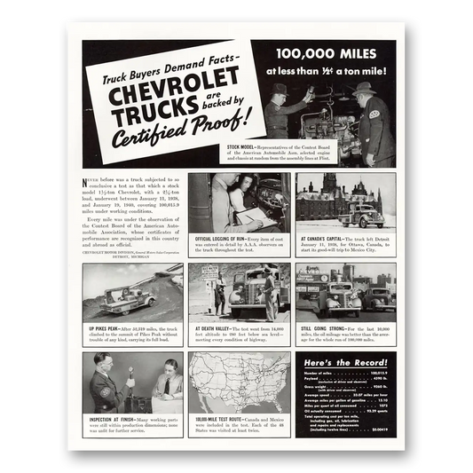 1940 Chevrolet Pickup Trucks 100000 Miles Vintage Magazine Print Ad