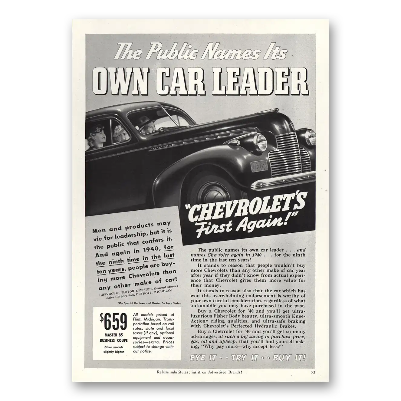 1940 Chevrolet Public Names Own Car Leader Vintage Magazine Print Ad