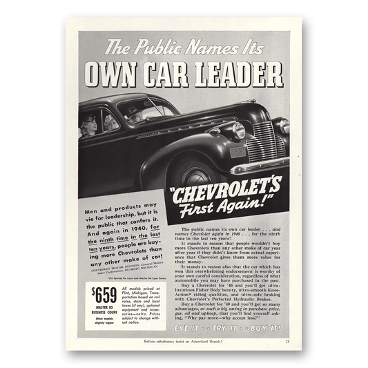 1940 Chevrolet Public Names Own Car Leader Vintage Magazine Print Ad