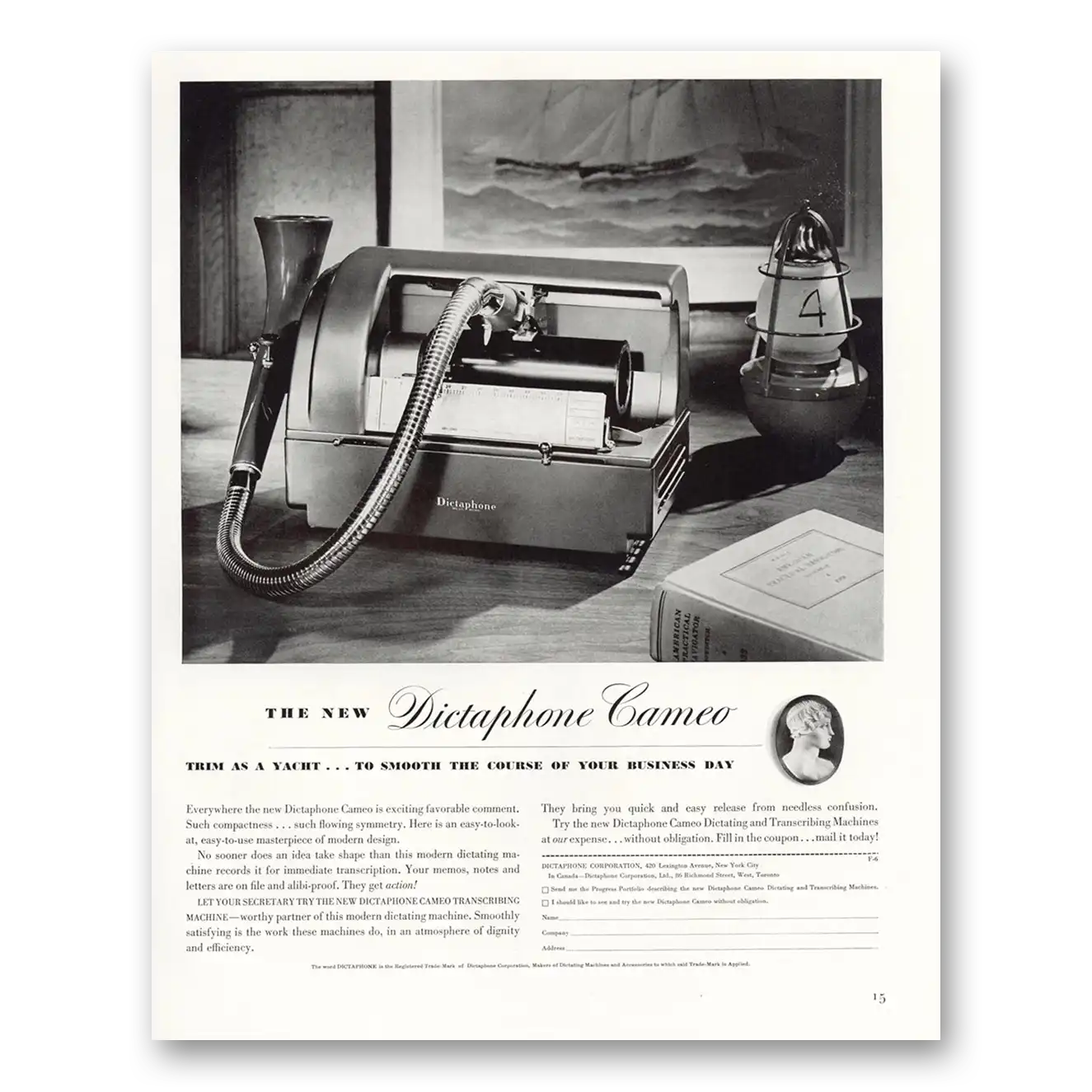 1940 Dictaphone Cameo Trim As a Yacht Vintage Magazine Print Ad