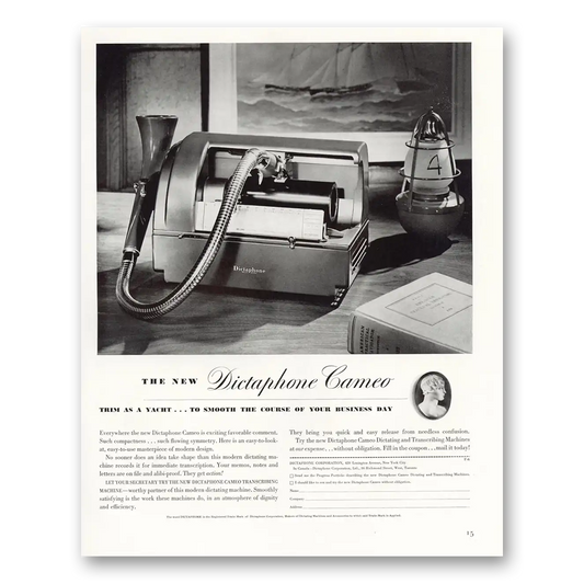 1940 Dictaphone Cameo Trim As a Yacht Vintage Magazine Print Ad